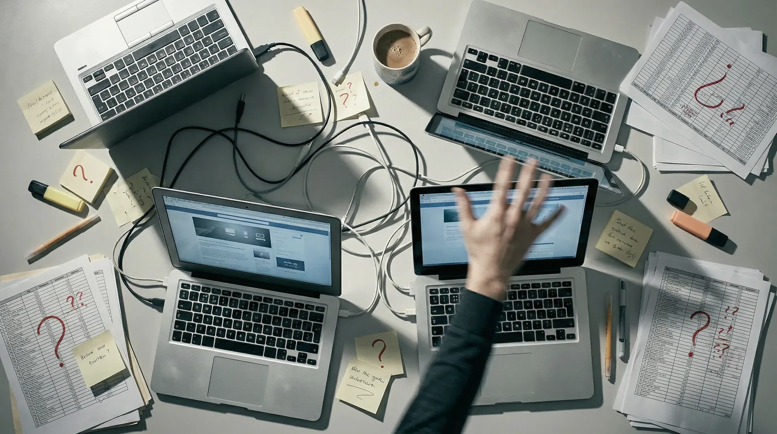 Cztery laptopy na biurku wśród plątaniny kabli, karteczek ze znakami zapytania i wydruków tabel