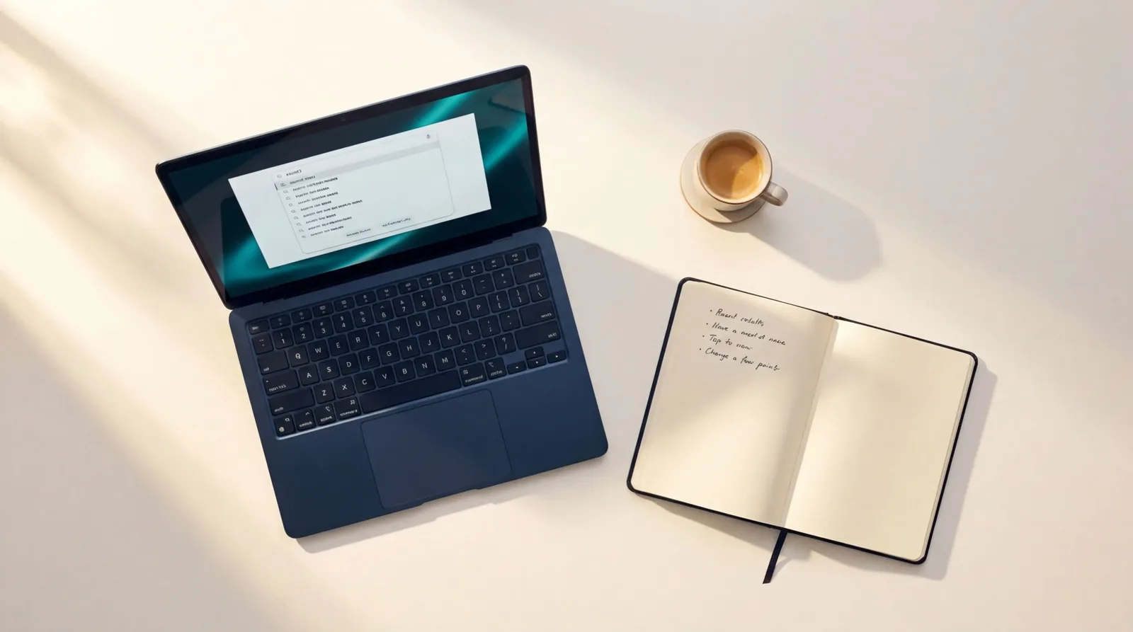 Laptop z listą ogłoszeń na ekranie, obok filiżanka kawy i otwarty notatnik